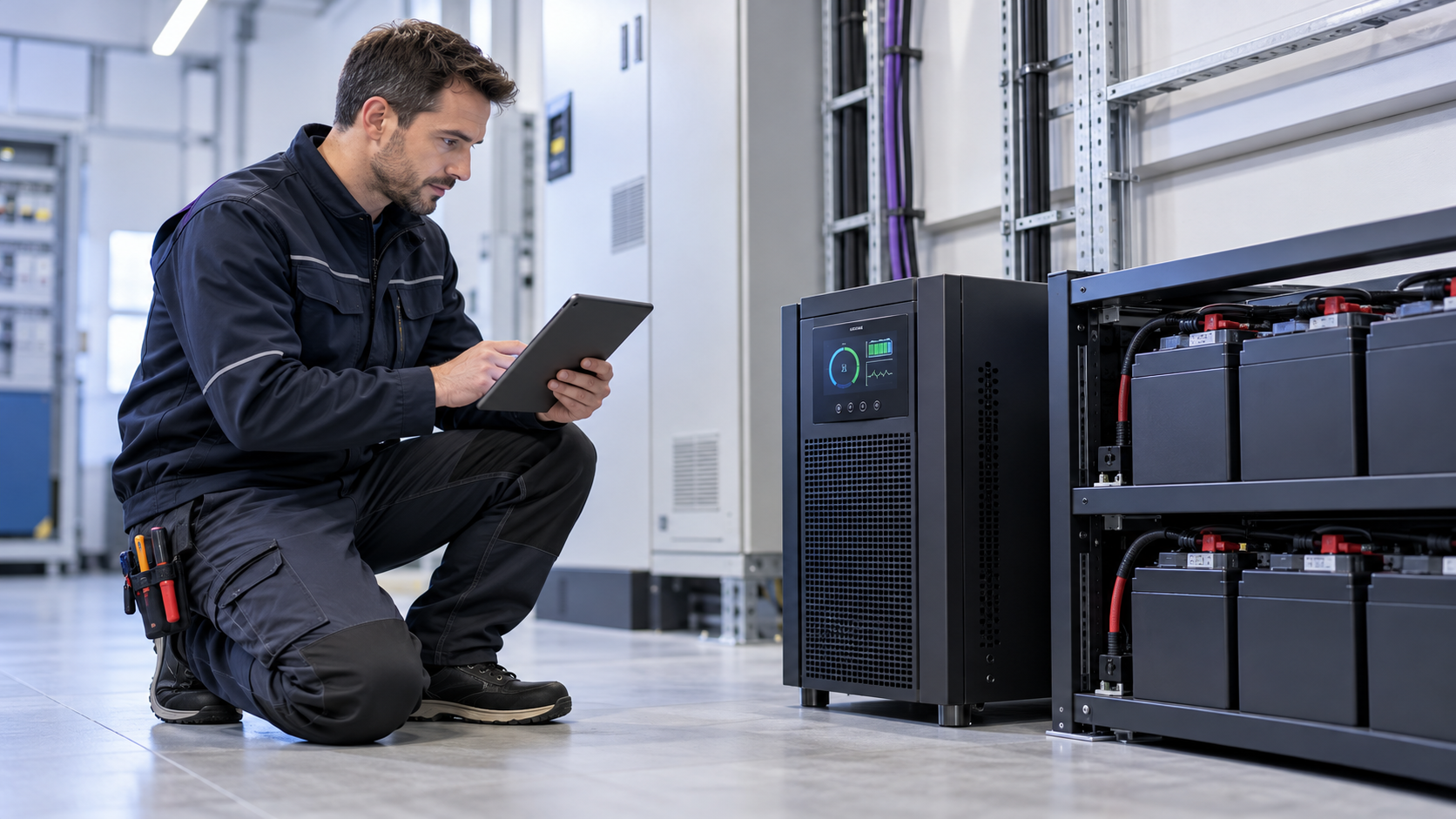 Técnico revisando un SAI y su banco de baterías para comprobar la autonomía del sistema.