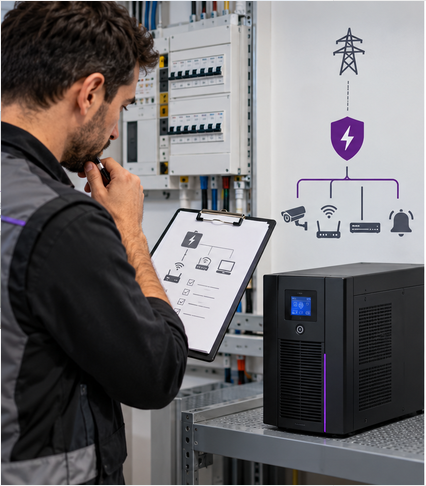 El instalador revisando el cuadro eléctrico, los consumos y la documentación técnica. Representa el dimensionamiento y la elección del SAI.