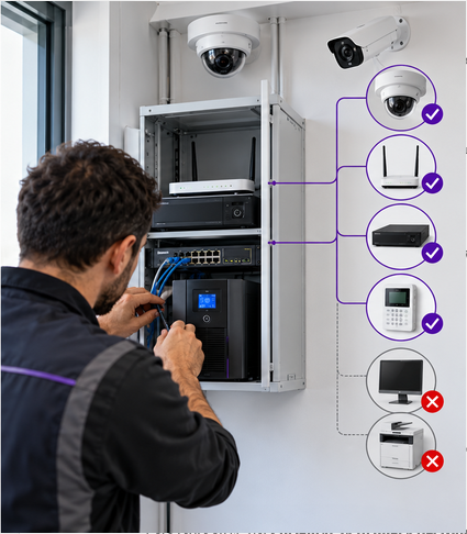 El instalador trabajando en el armario de comunicaciones, con CCTV, router y switch. Representa la identificación de los equipos que necesitan respaldo.